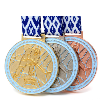 Vente en gros personnalisé 3D or argent russie jeu de balle de hockey en métal souvenir sport médaille avec ruban de couleur de drapeau